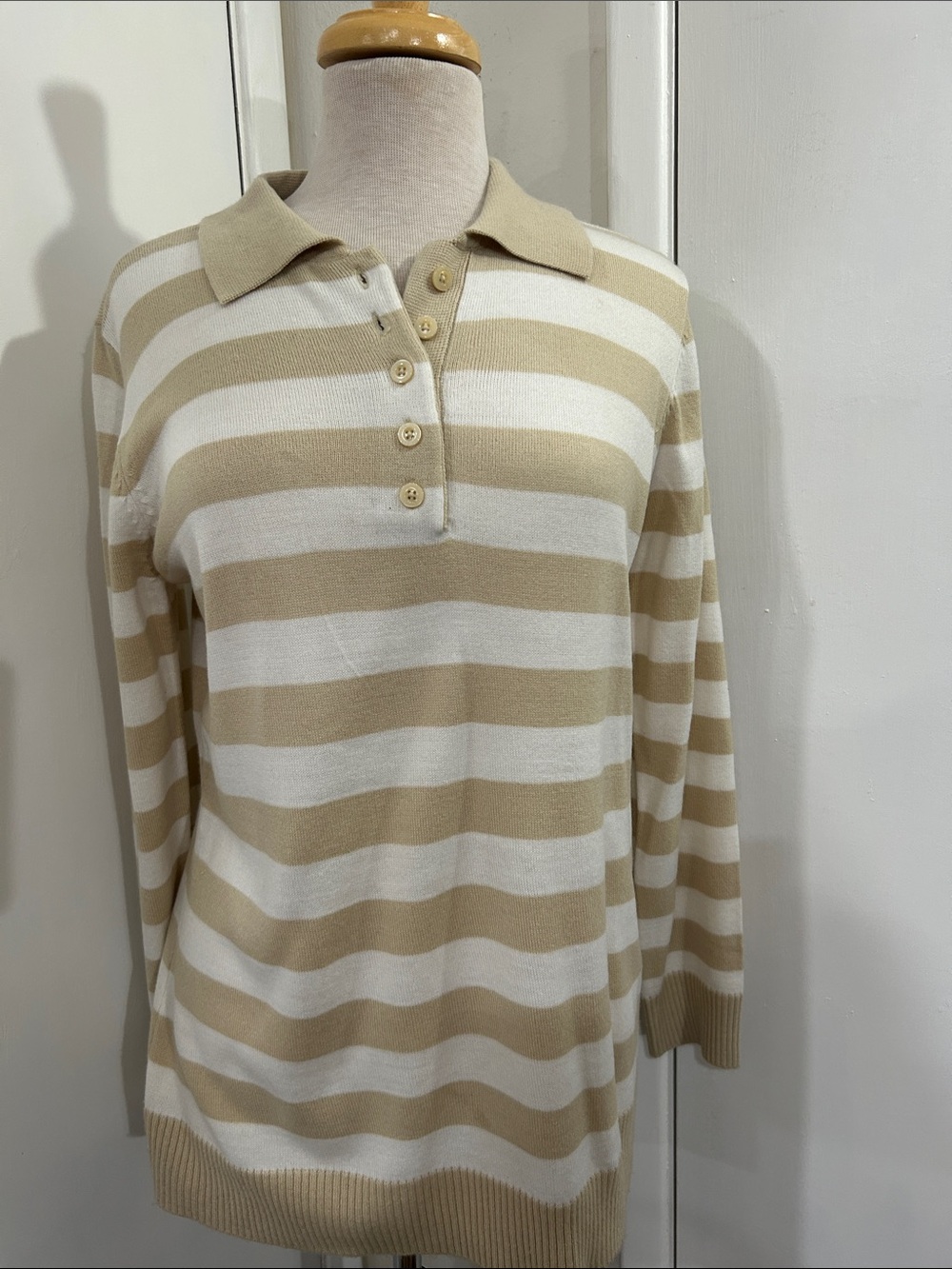 Covington Beige and White Striped Polo Knit Sweater